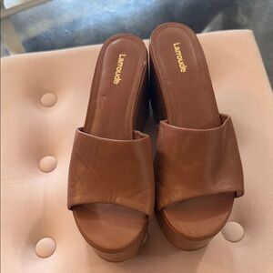 Larroude Cognac Brown Leather Slide Platform Mules